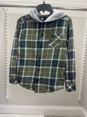 Quiksilver Olive Green & Navy Plaid Hooded Shirt, size 7/8